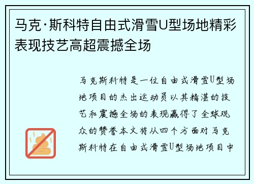 马克·斯科特自由式滑雪U型场地精彩表现技艺高超震撼全场